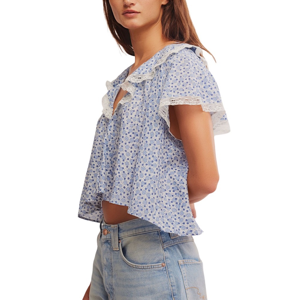 Free People Blue Floral Print Blouse - Picture 3 of 4